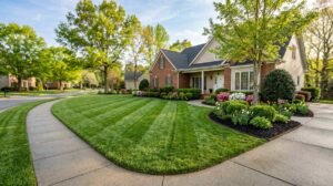 Freshly mowed lawn with striped mowing lines in Waxhaw, NC